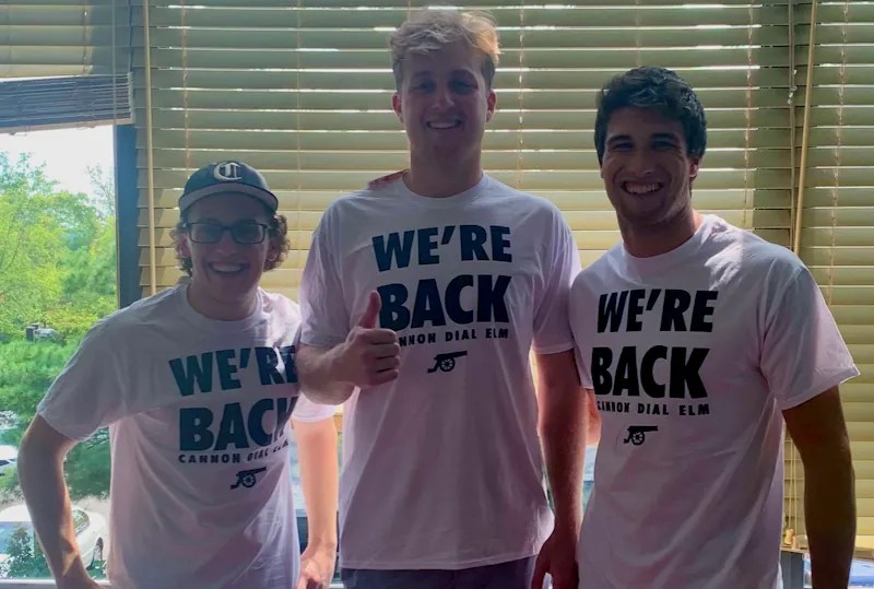 "We're Back" t-shirts modeled by officers Vinny, Drew and Niko, were given as gifts to the members to commemorate our first meal back after virtual learning.